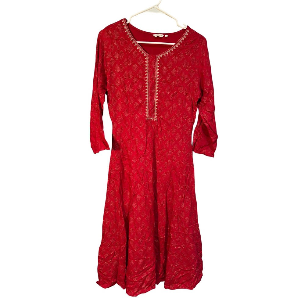 Max Women's Size Large A-Line Midi Dress Red Gold Geometric Traditional Indian